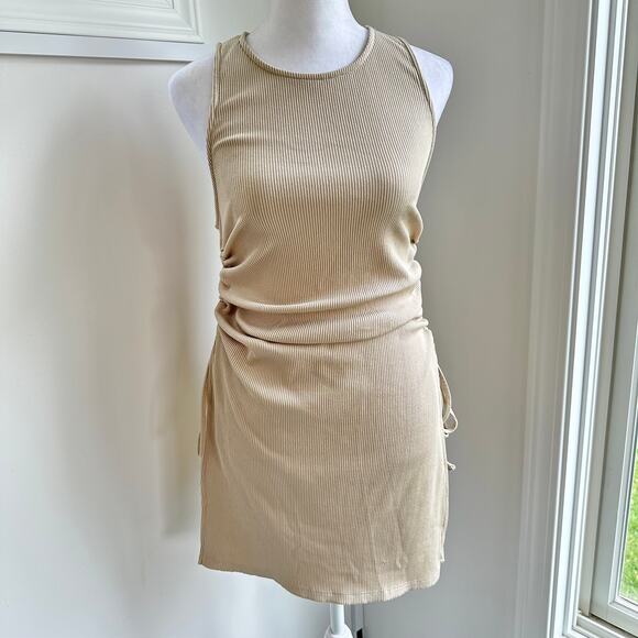 Zara Gold Tan Ribbed Side Tie Ruched Sexy Stretch Casual Tank Dress Medium - Picture 1 of 8